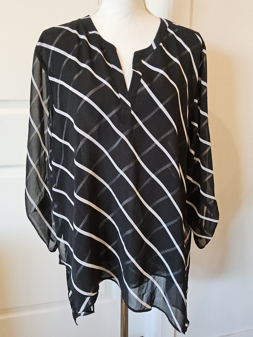 Chico's Sheer Black top Tunic with White Diagonal Stripes